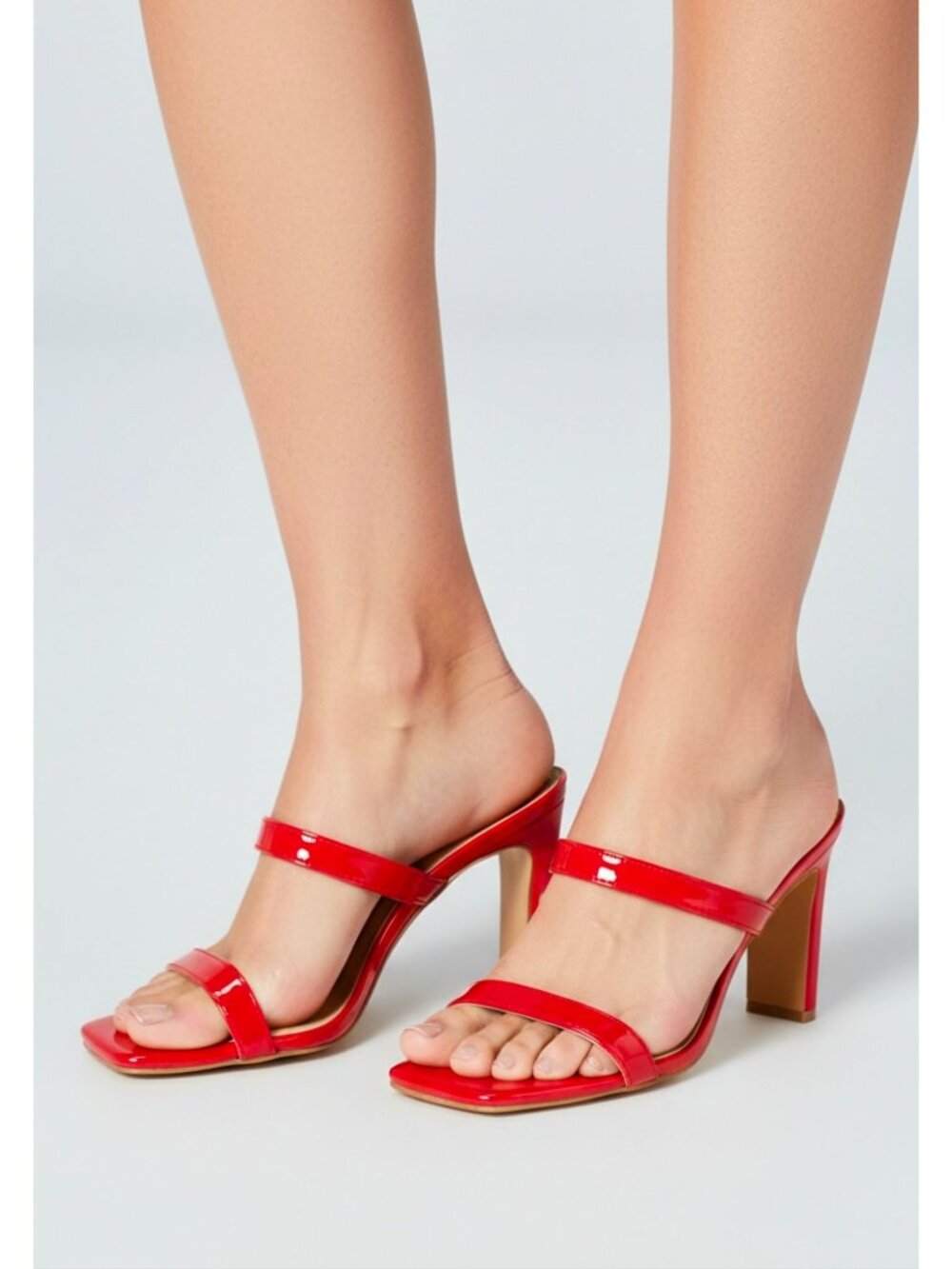 Red Patent Leather High Heel Sandals With Double Straps & Square Toe Design For